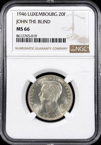 【雨安】【直播拍卖】【第0124期-评级币章】2026-01-17 周六 19:30 - [评级欧洲] Luxembourg 卢森堡 20法郎 1946年 约翰大公  NGC-MS66