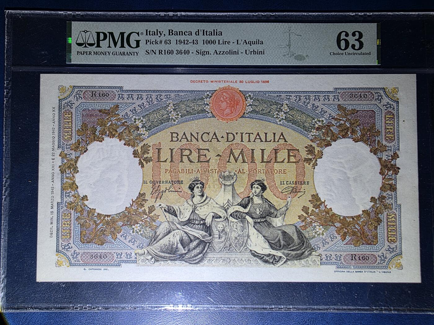 叁拾收藏第34期 意大利1943年1000里拉  少见厂名版本  PMG63  高分