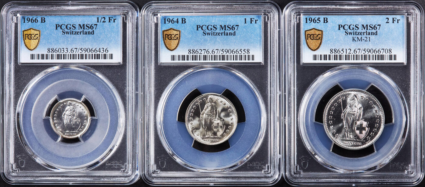 【俄甄集藏】“万象更新、马呈祥瑞”迎新春俄甄精品场-2026年(047)01-21 星期三 晚 19:30 全场包邮 瑞士1964-1966年1/2、1、2法郎银币高分3枚一组，PCGS MS67，顶级转光品相