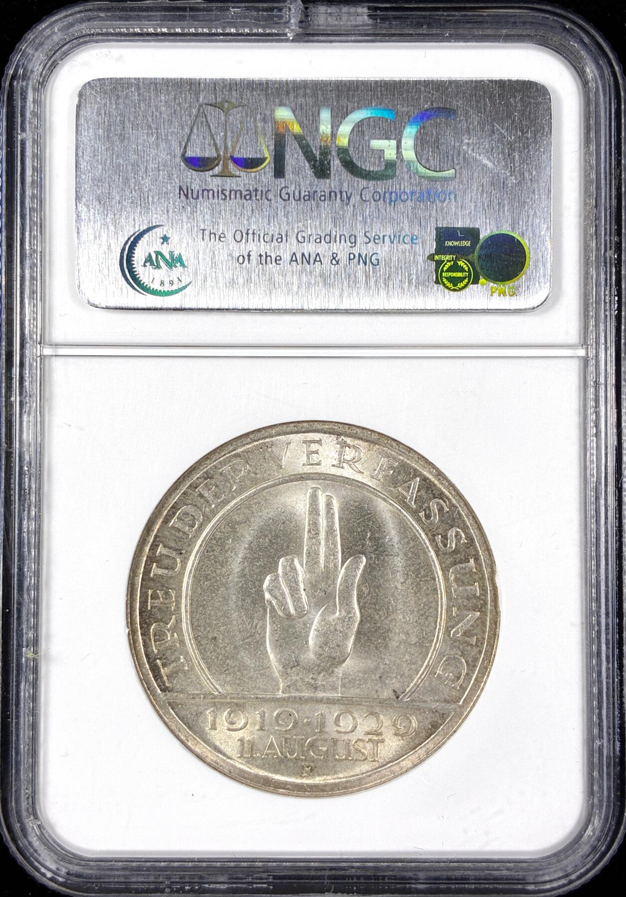 【雨安】【直播拍卖】【第0124期-评级币章】2026-01-17 周六 19:30 [评级德国] Germany 德国 魏玛 5马克 KM#64 魏玛宪法 1929年  NGC-MS63