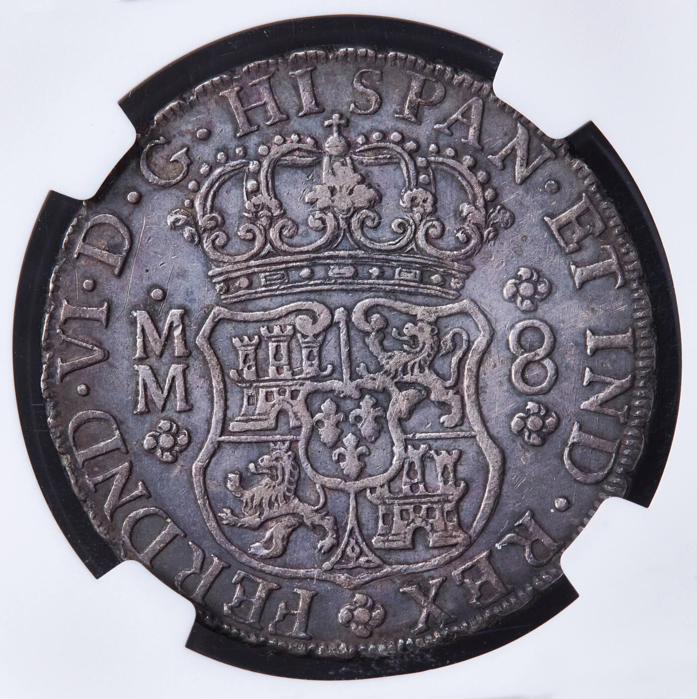 【俄甄集藏】“万象更新、马呈祥瑞”迎新春俄甄精品场-2026年(047)01-21 星期三 晚 19:30 全场包邮 西属墨西哥1759年费尔南多六世末年Mo MM版8里亚尔双柱地球大银币，NGC AU53，酱彩老包浆，状态深沉，味道佳