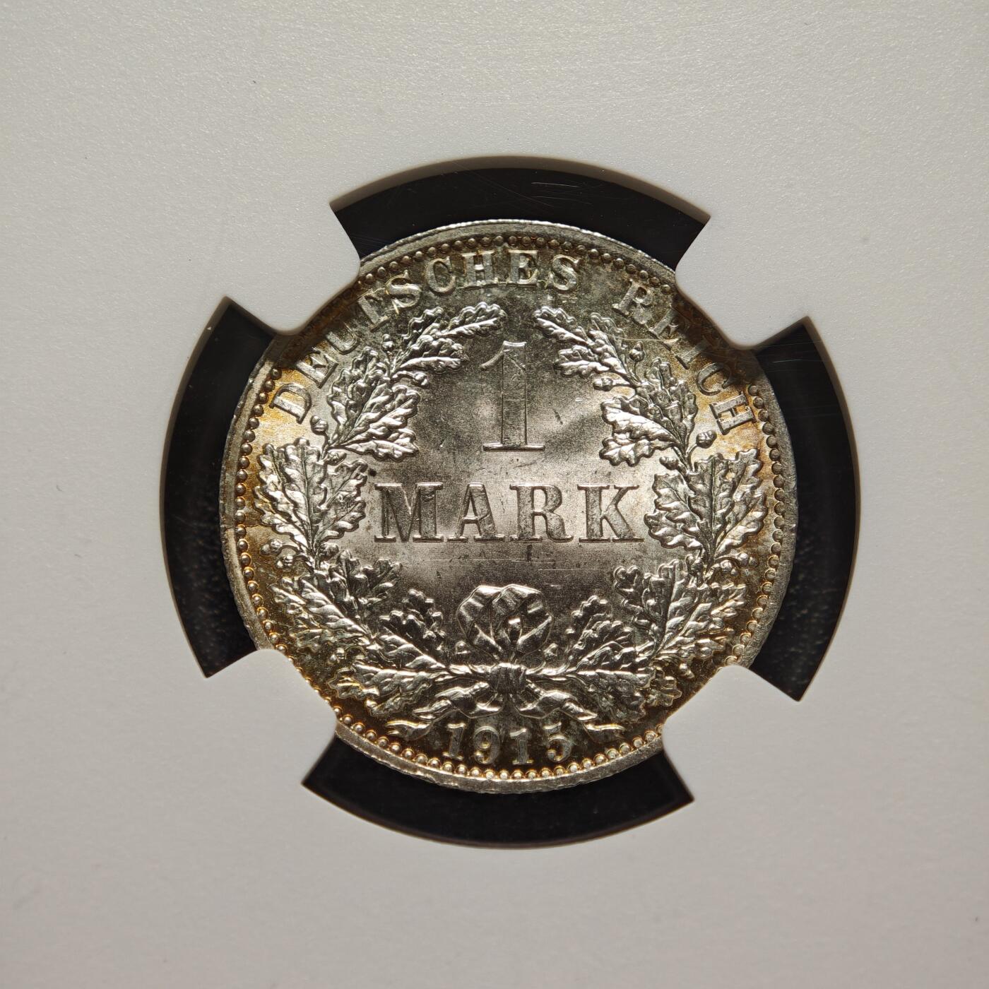 【德藏】世界币章拍卖第162期（拍品征集中~欢迎藏友联系） 1915年 德国1马克银币 NGC MS66 环形黄油包浆 原光犀利