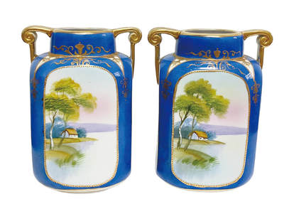 上海拍卖行2025年秋季古董珍玩拍卖会 - 19世纪末日本明治时期NORITAKE(则武)手绘风景双耳鎏金赏瓶(H:26.5cm)