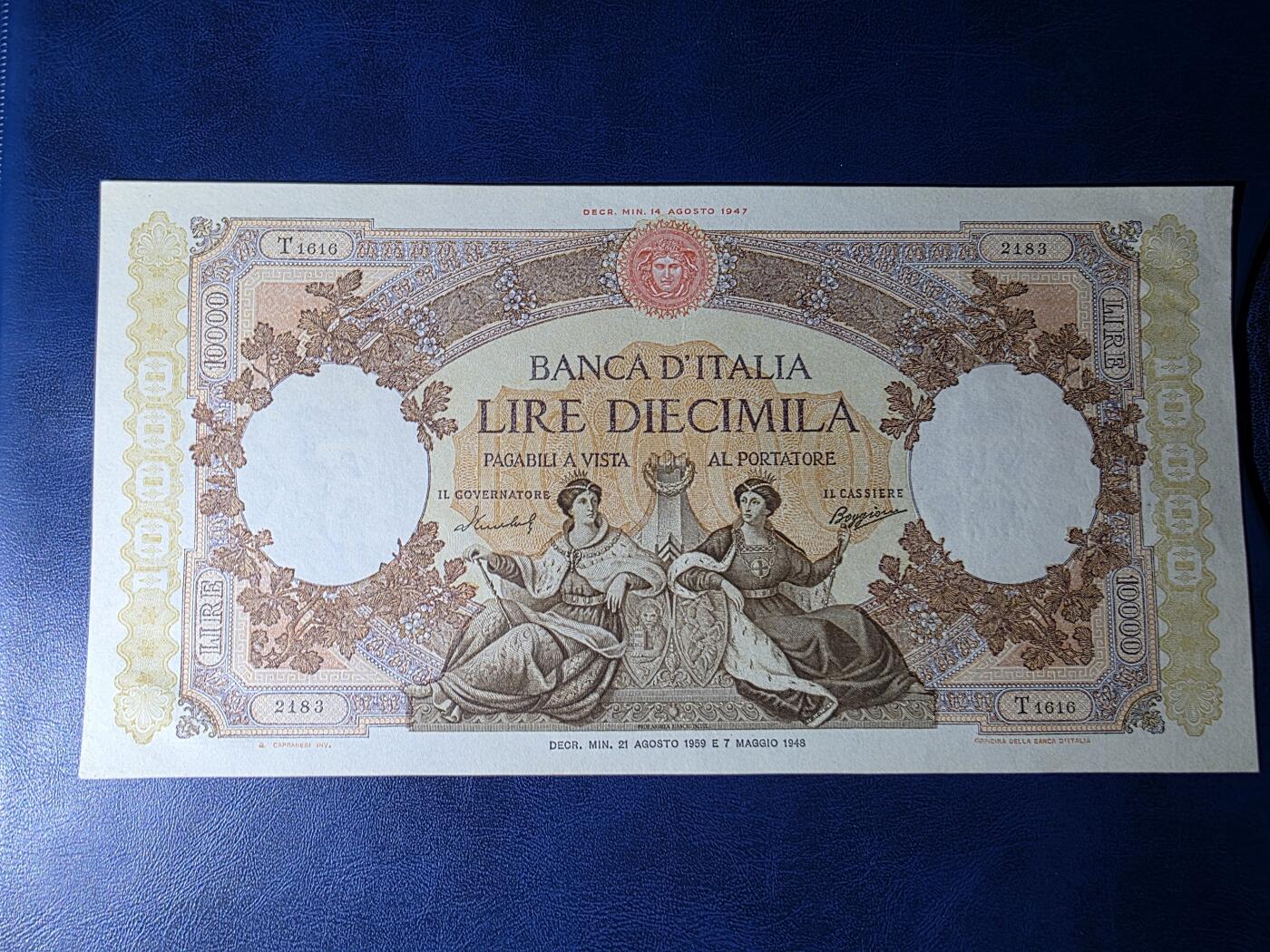 叁拾收藏第34期 意大利1959年10000里拉  AU