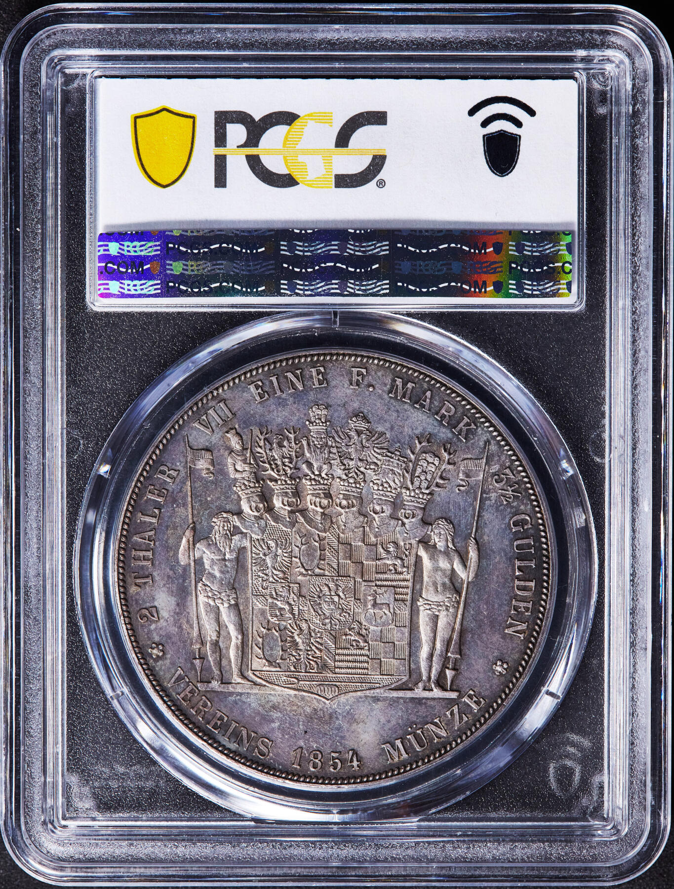 【俄甄集藏】“万象更新、马呈祥瑞”迎新春俄甄精品场-2026年(047)01-21 星期三 晚 19:30 全场包邮 德国施瓦茨堡-松德斯豪森公国1854年金特·弗里德里希·卡尔二世亲王A版2泰勒野人盾徽大银币，PCGS MS64，亚军，紫罗兰酱彩老包浆，原光品相，底板凝霜，发行量只有8600枚，大名誉品种