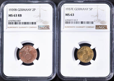 【俄甄集藏】“万象更新、马呈祥瑞”迎新春俄甄精品场-2026年(047)01-21 星期三 晚 19:30 全场包邮 - 德国第三帝国1939年B版/1937年E版2、5芬尼铜币一对，NGC MS63，转光品相，原图联系客服或者查询相关官网查看