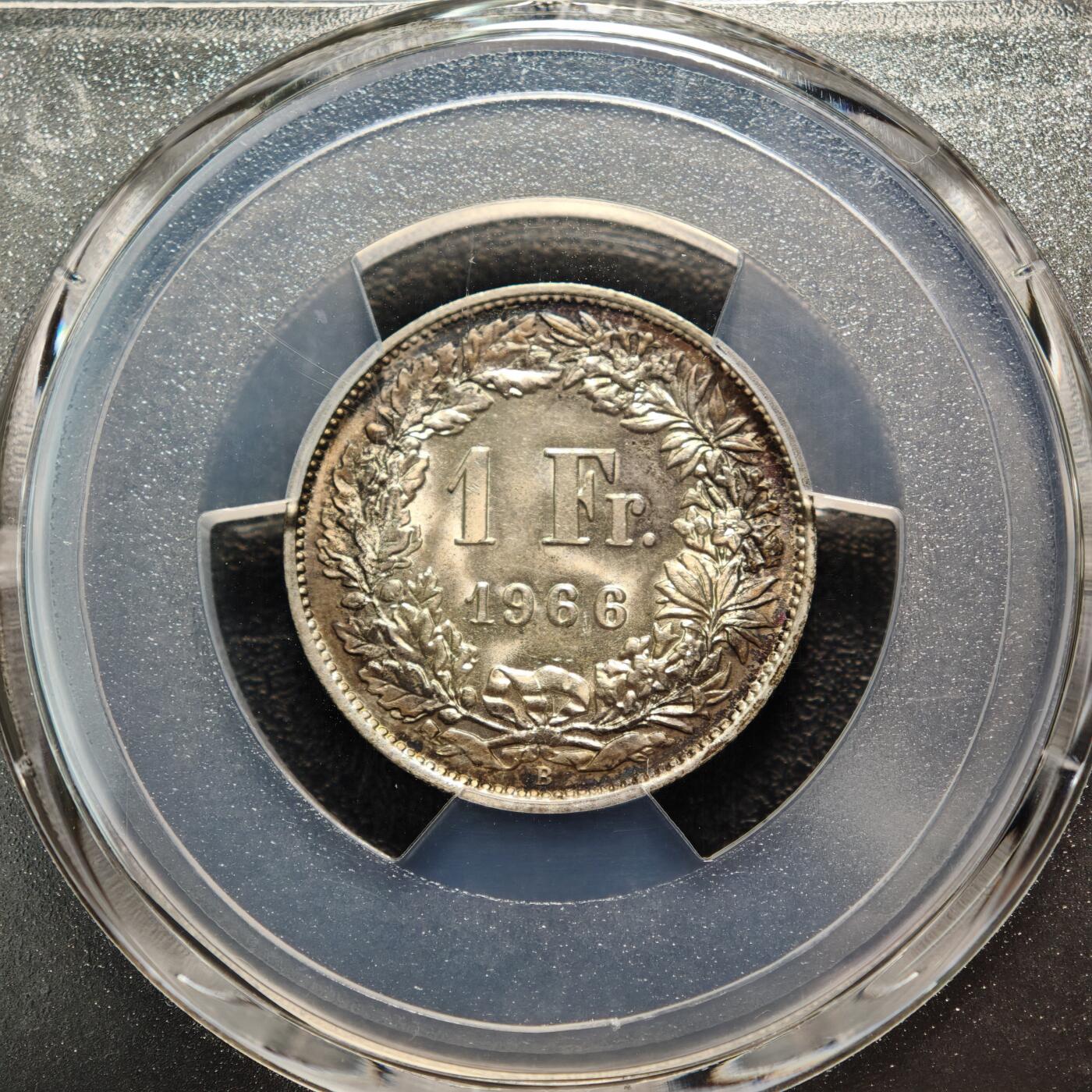 【德藏】世界币章拍卖第162期（拍品征集中~欢迎藏友联系） 1966年 瑞士1法郎银币 PCGS MS65 原光极强