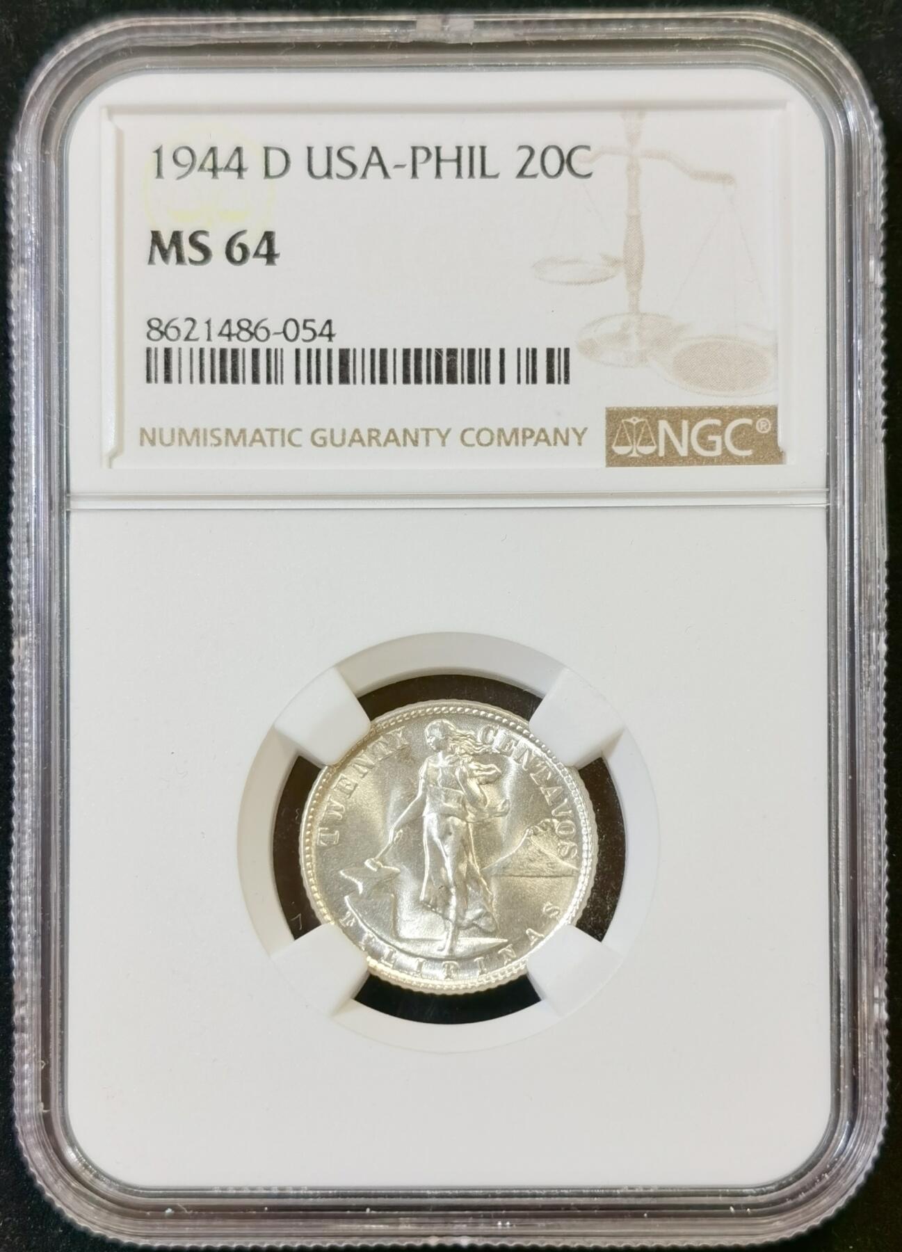 甄臻铺-世界币章拍卖（第48期）精品场拍品征集中，送拍享返佣金等优惠多多 NGC-MS64 美属菲律宾1944年20分银币，底板光度俱佳