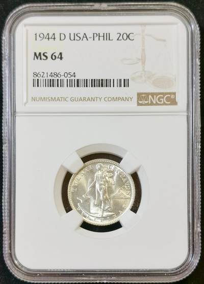 甄臻铺-世界币章拍卖（第48期）精品场拍品征集中，送拍享返佣金等优惠多多 - NGC-MS64 美属菲律宾1944年20分银币，底板光度俱佳