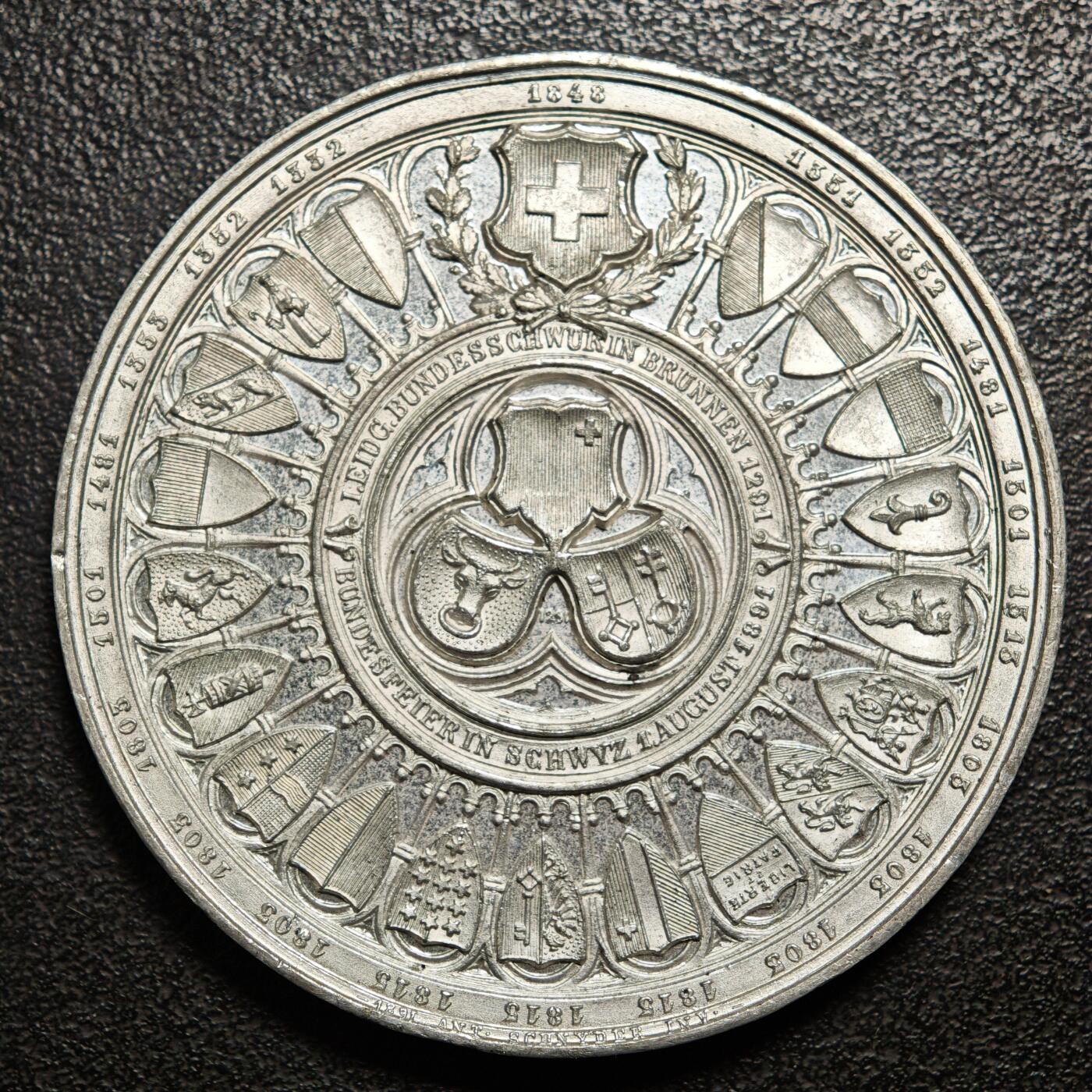 【德藏】世界币章拍卖第162期（拍品征集中~欢迎藏友联系） 1891年 瑞士联邦成立600周年纪念合金大章 设计细腻 极其精美直径约：50.3mm；重约：49.5g