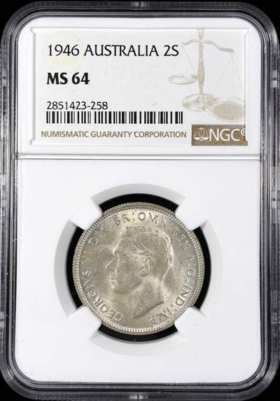 【雨安】【直播拍卖】【第0124期-评级币章】2026-01-17 周六 19:30 - [评级澳洲] Australia 澳大利亚 2先令 1946年 乔治六世  NGC-MS64