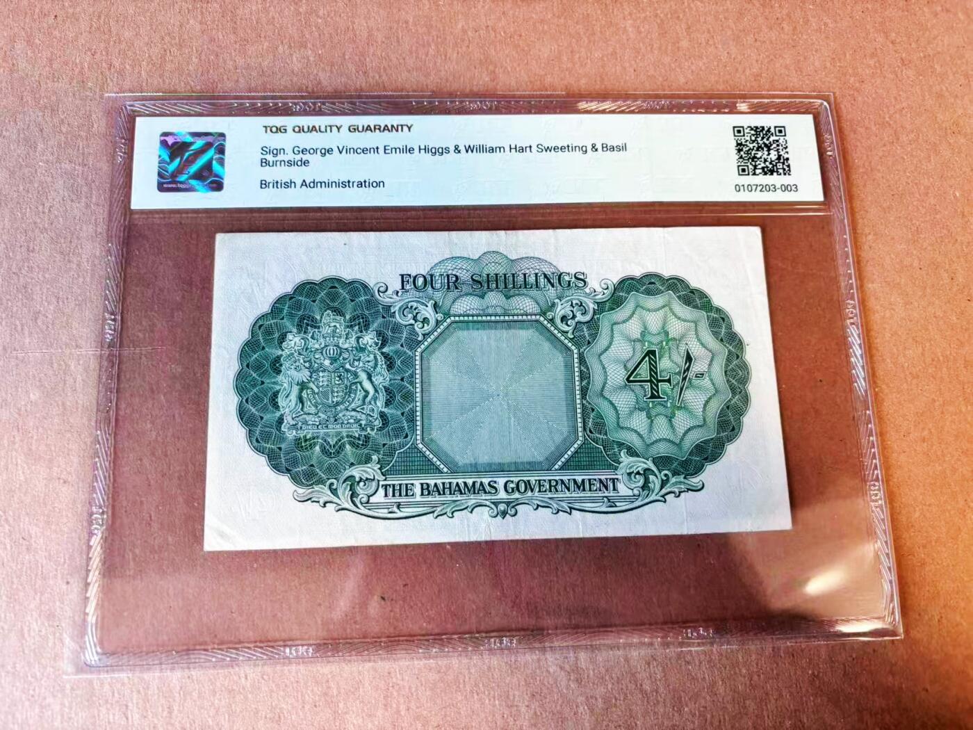 【Blue Auction】世界纸币精拍第776期——18级TOP拍卖/信誉/品质/专业/高效💫 【A/1冠 b版】巴哈马 1953年4先令 大冠女王 TQG40