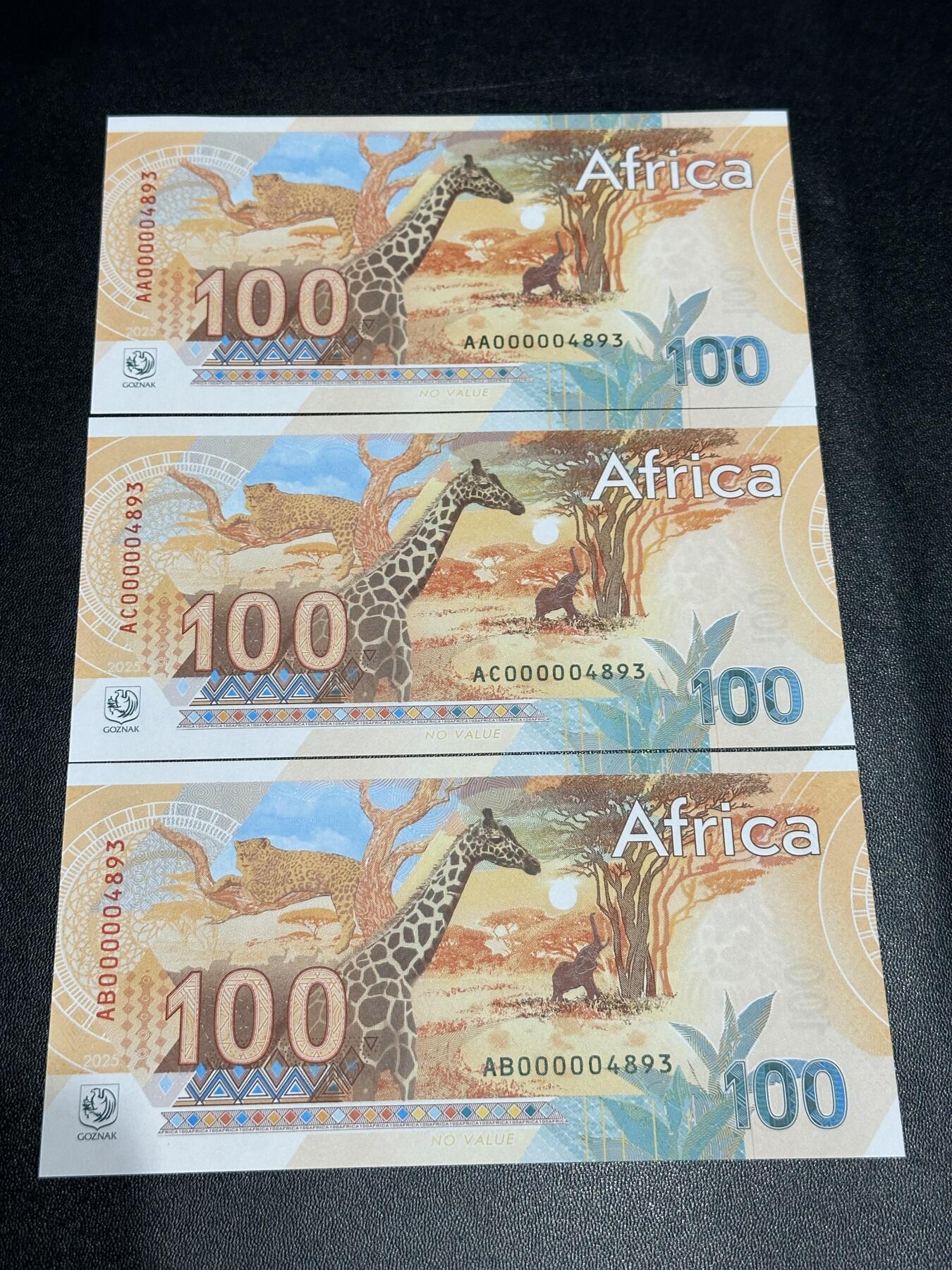 《外钞收藏家》第六百零三期（精选场）（本平台长期征集拍品、欢迎藏友们联系合作） 非洲动物系列-狮子、大象、犀牛 俄罗斯Goznak印钞厂测试钞精美纪念券 全新UNC