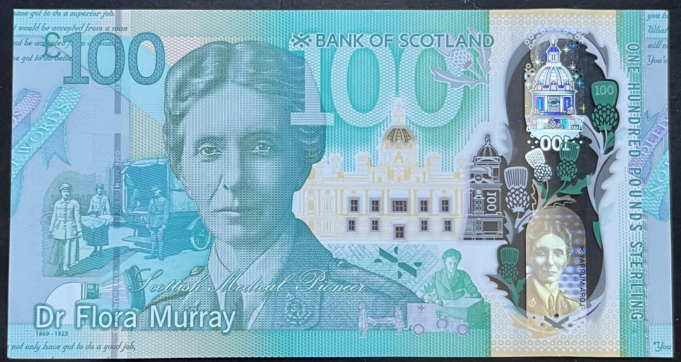 小福收藏拍卖第199期 裸钞场 本期有多张豹子号靓号 瑞士1000法郎 经典提香 毛里求斯首发年大全套 白俄罗斯5000000卢布 苏里南10000盾  爱沙尼亚  苏丹 西班牙 保加利亚 古巴等多国精美纸币 苏格兰 苏格兰银行 2021年 100镑 纪念钞 塑料钞 unc- 左下角折