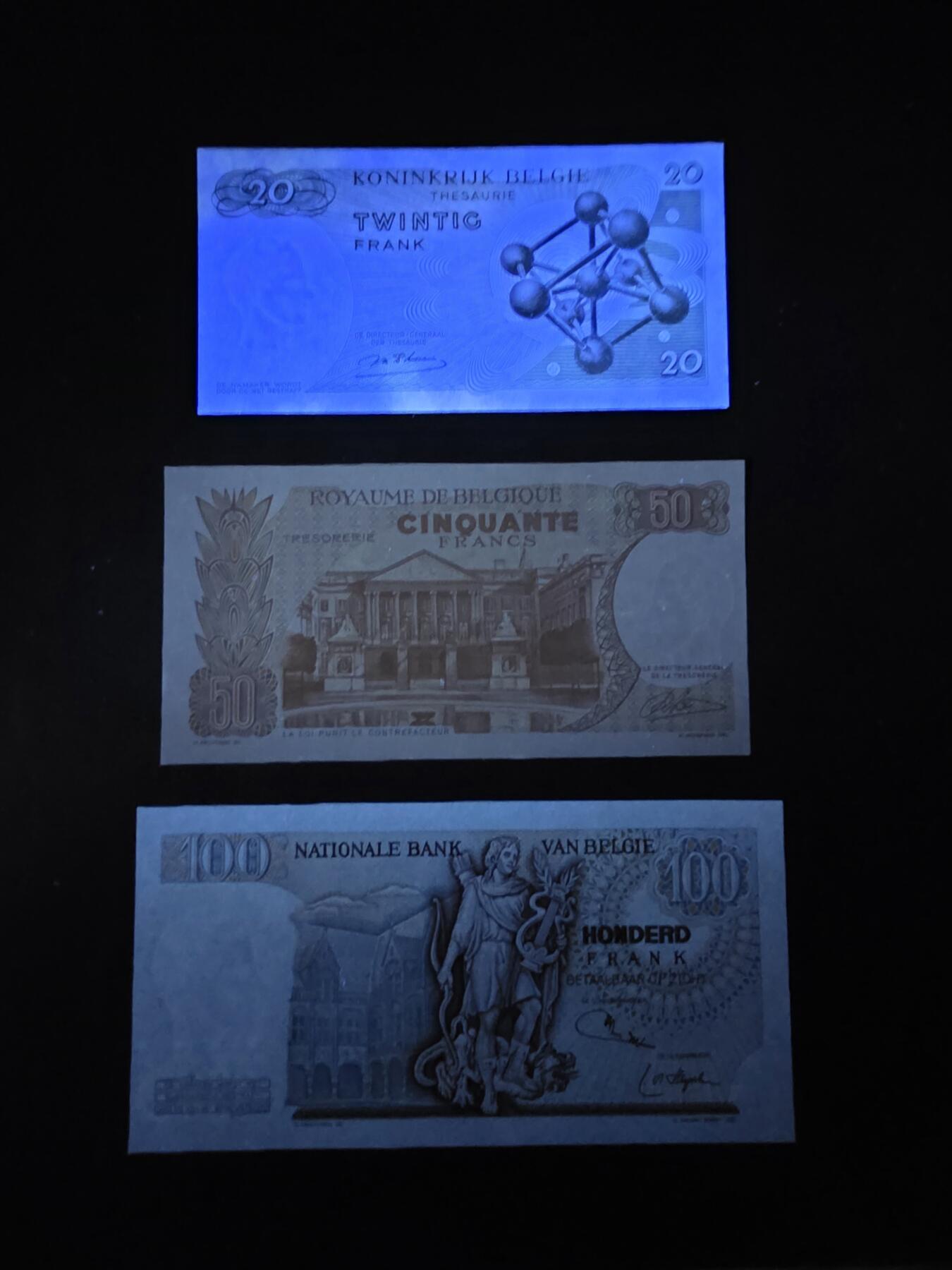 叁拾收藏第34期 比利时倒三版  小面值3张  UNC（20法郎荧光下有斑）