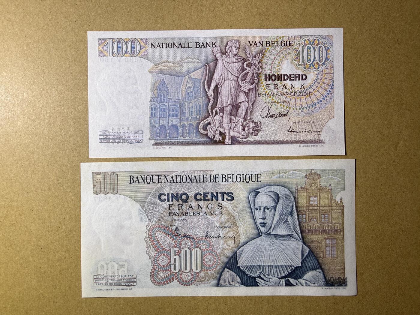《艾美收藏》第229期-1.18周日外币荟萃 比利时100、500法郎2张 UNC 倒三版 局部荧光