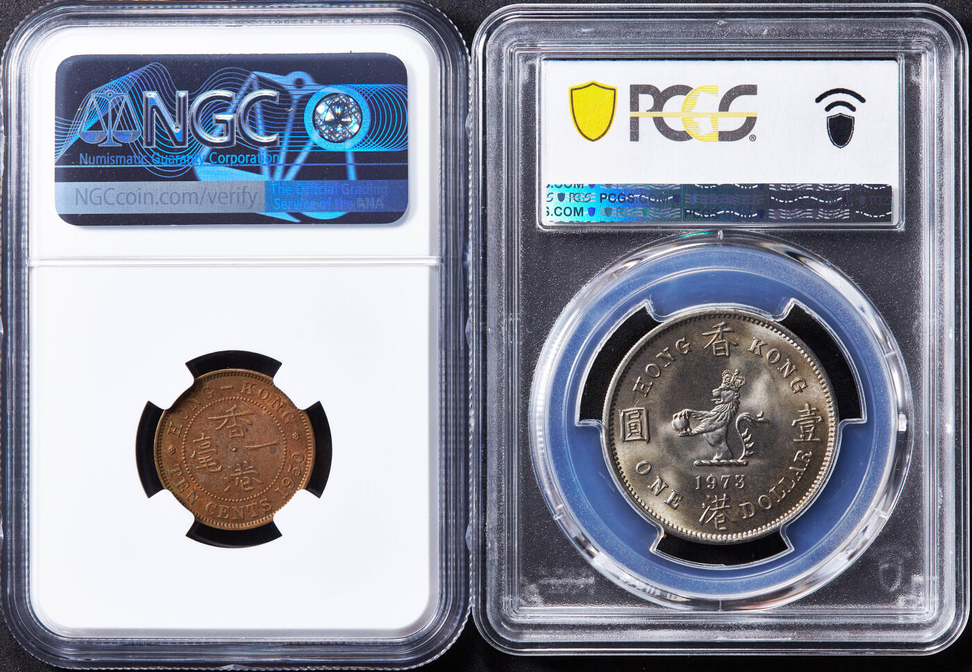 【俄甄集藏】“万象更新、马呈祥瑞”迎新春俄甄精品场-2026年(047)01-21 星期三 晚 19:30 全场包邮 英属香港1950年乔治六世一毫铜币/1973年伊丽莎白二世大一元镍币，NGC MS62/PCGS MS66，两枚一对
