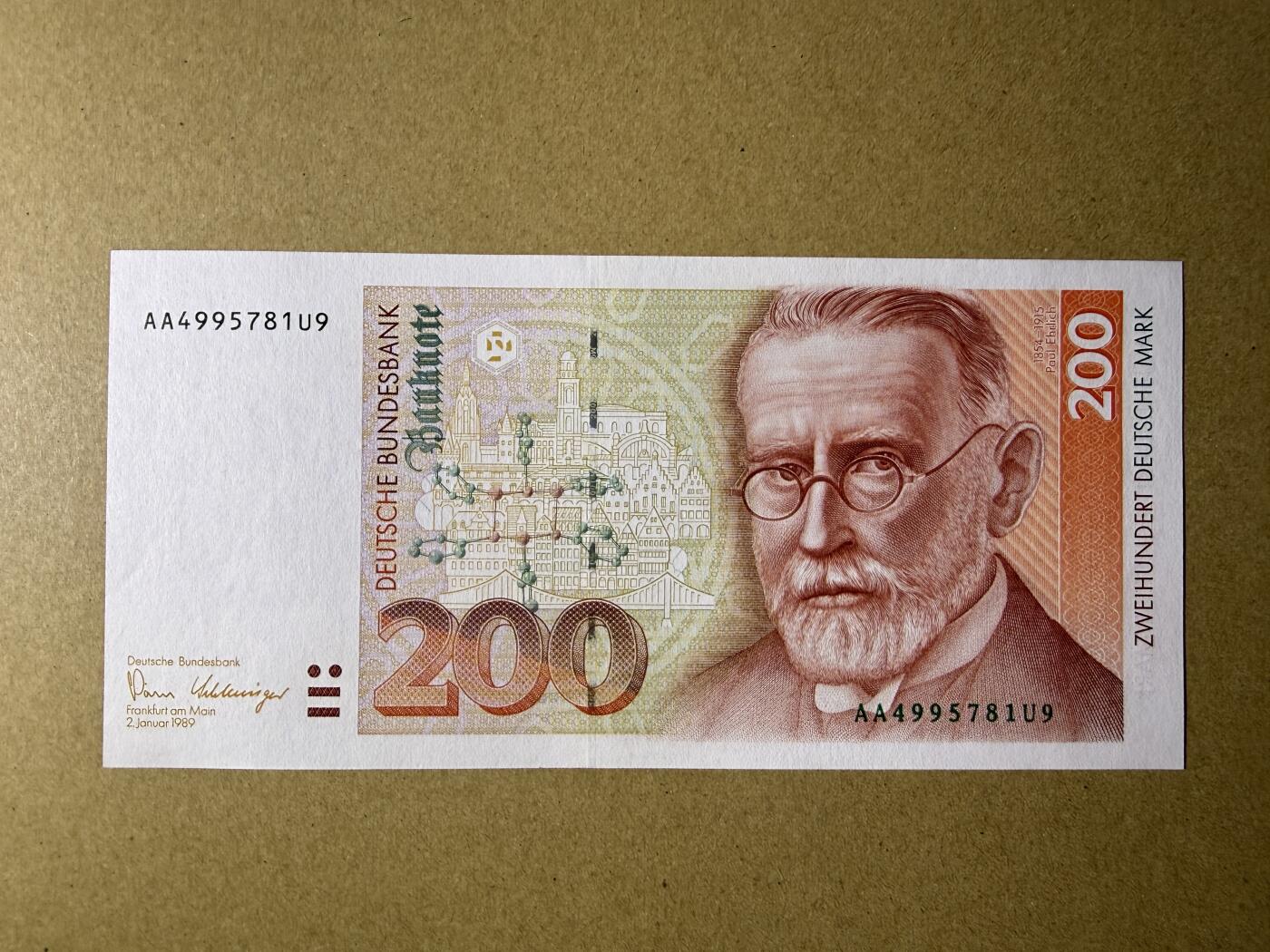 《艾美收藏》第229期-1.18周日外币荟萃 德国200马克 UNC 1989年 德国医学家保罗·埃尔利希 AA冠
