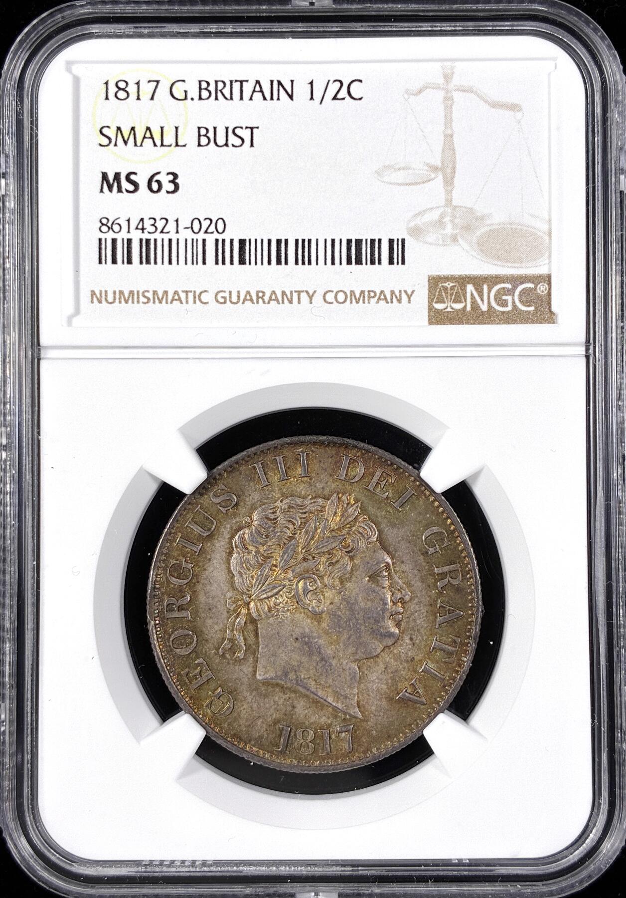 【雨安】【直播拍卖】【第0124期-评级币章】2026-01-17 周六 19:30 [评级欧洲] Great Britain 英国 1/2克朗 1817年 乔治三世  NGC-MS63