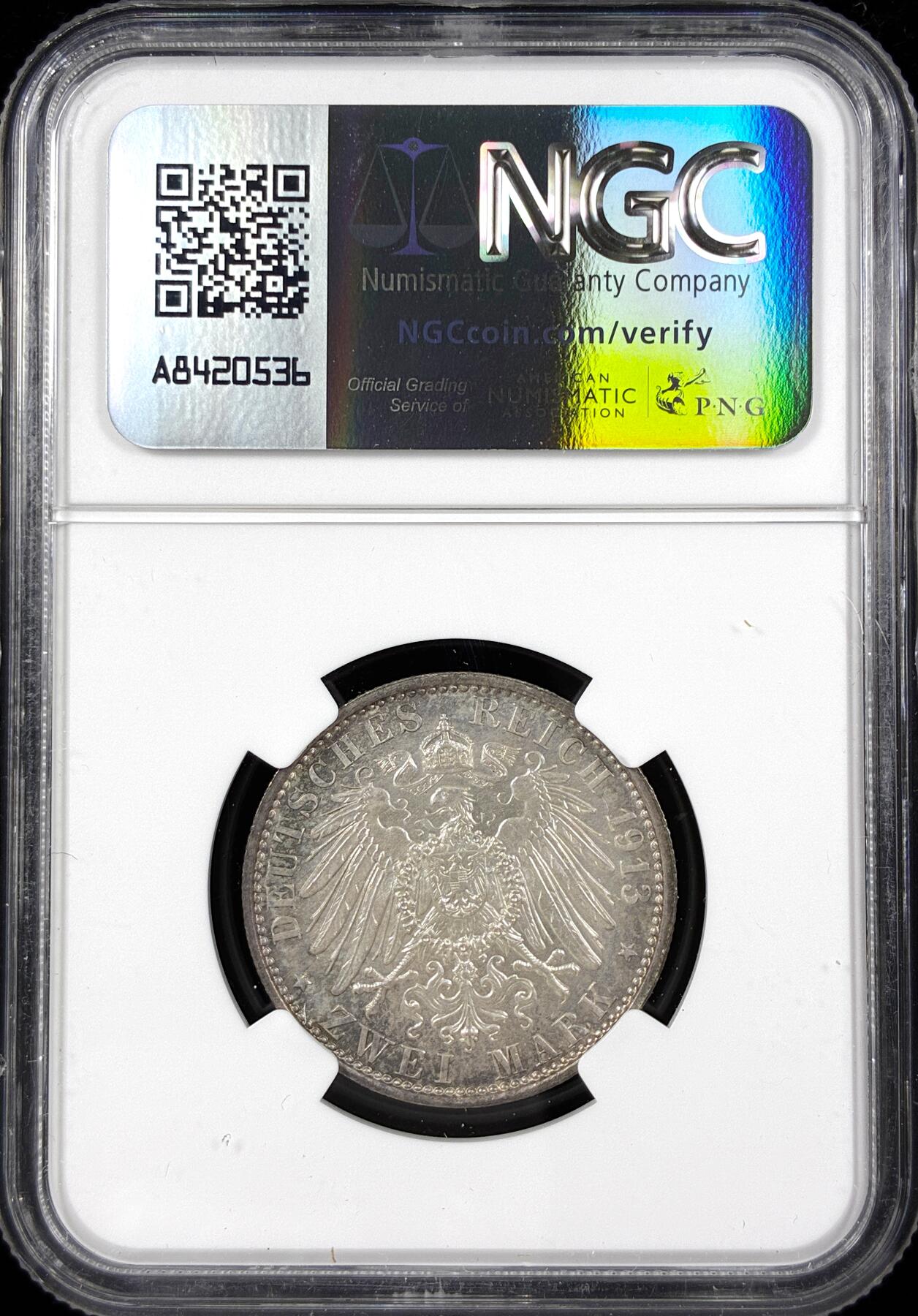 【雨安】【直播拍卖】【第0124期-评级币章】2026-01-17 周六 19:30 [评级德国] Germany 德国 帝国 普鲁士 2马克 (1913) 军装花枝 1913年  NGC-UNC