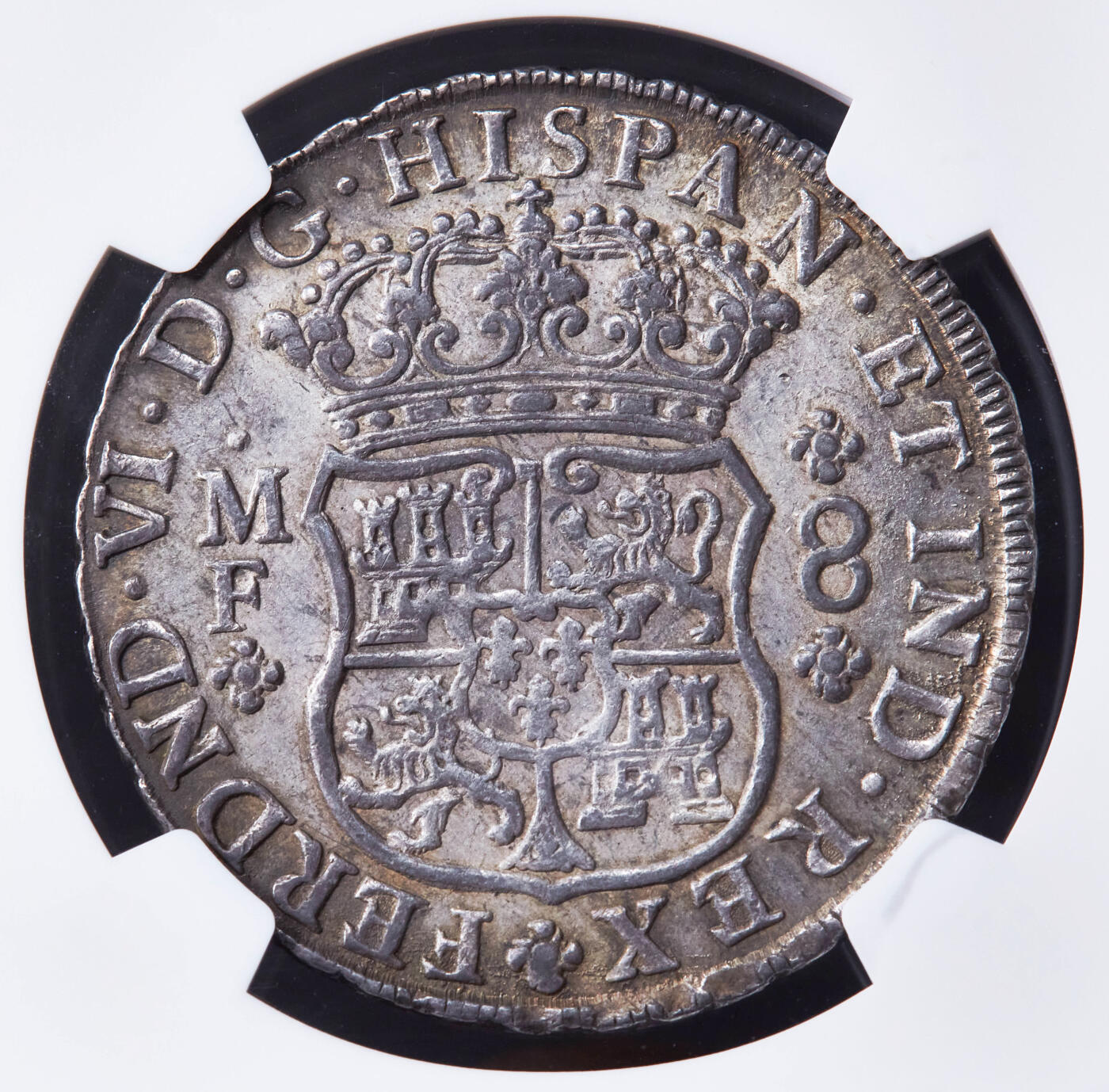 【俄甄集藏】“万象更新、马呈祥瑞”迎新春俄甄精品场-2026年(047)01-21 星期三 晚 19:30 全场包邮 西属墨西哥1747年费尔南多六世Mo MF版8里亚尔双柱地球大银币，NGC AU55，黄油彩老包浆，味道佳，打制周正无弱打