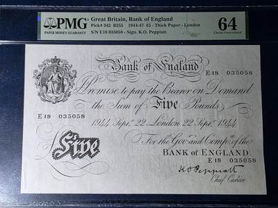 叁拾收藏第34期 - 英国1944年5镑  白镑  PMG64