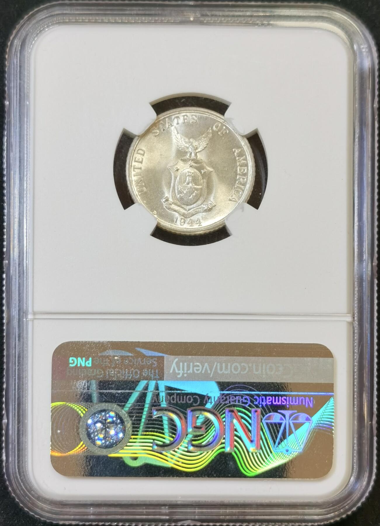 甄臻铺-世界币章拍卖（第48期）精品场拍品征集中，送拍享返佣金等优惠多多 NGC-MS64 美属菲律宾1944年20分银币，底板光度俱佳