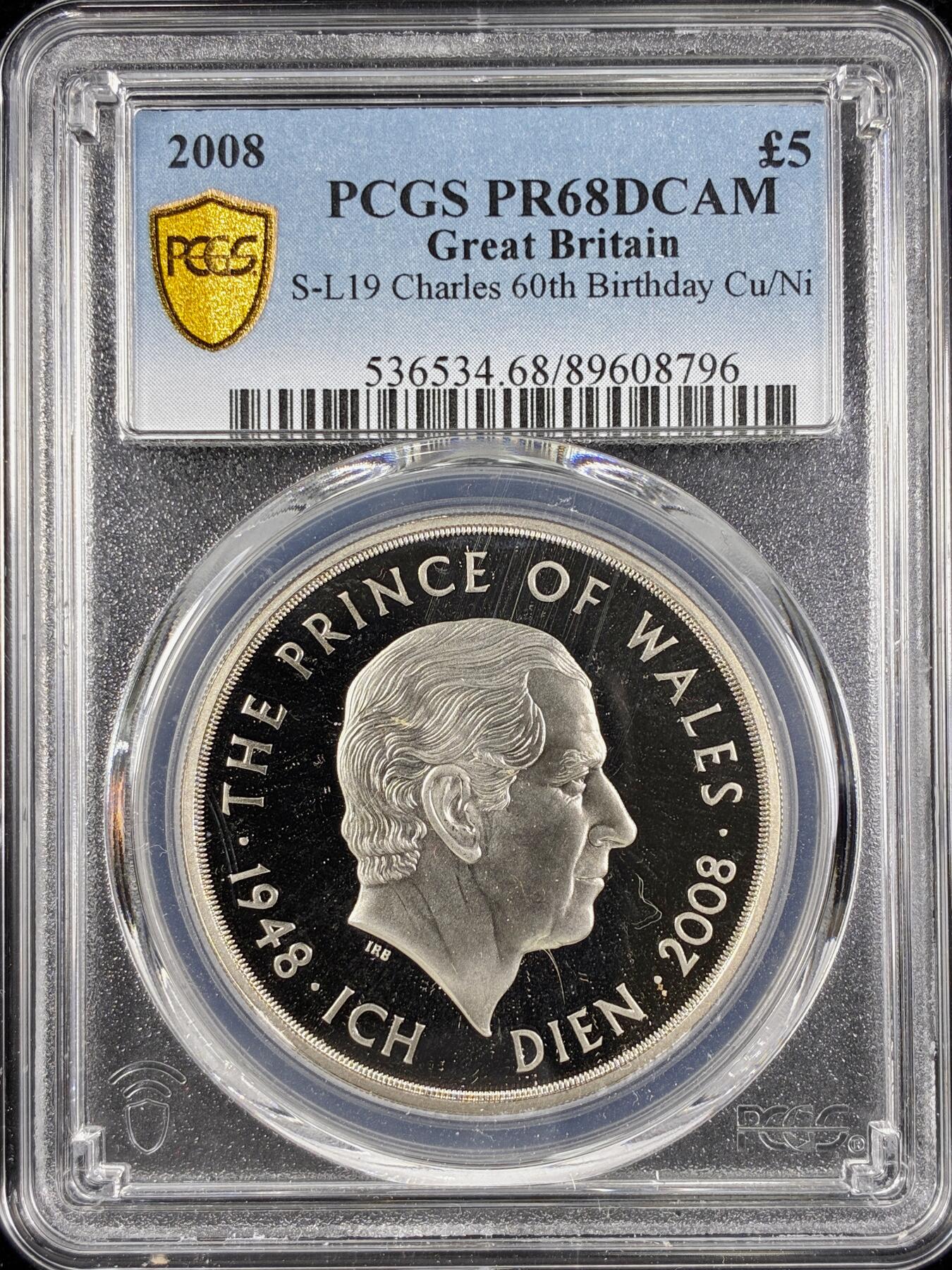 【雨安】【直播拍卖】【第0124期-评级币章】2026-01-17 周六 19:30 [评级现代] Great Britain 英国 5镑 2008年 查尔斯60岁生日 PCGS-PR68DCAM 精制币