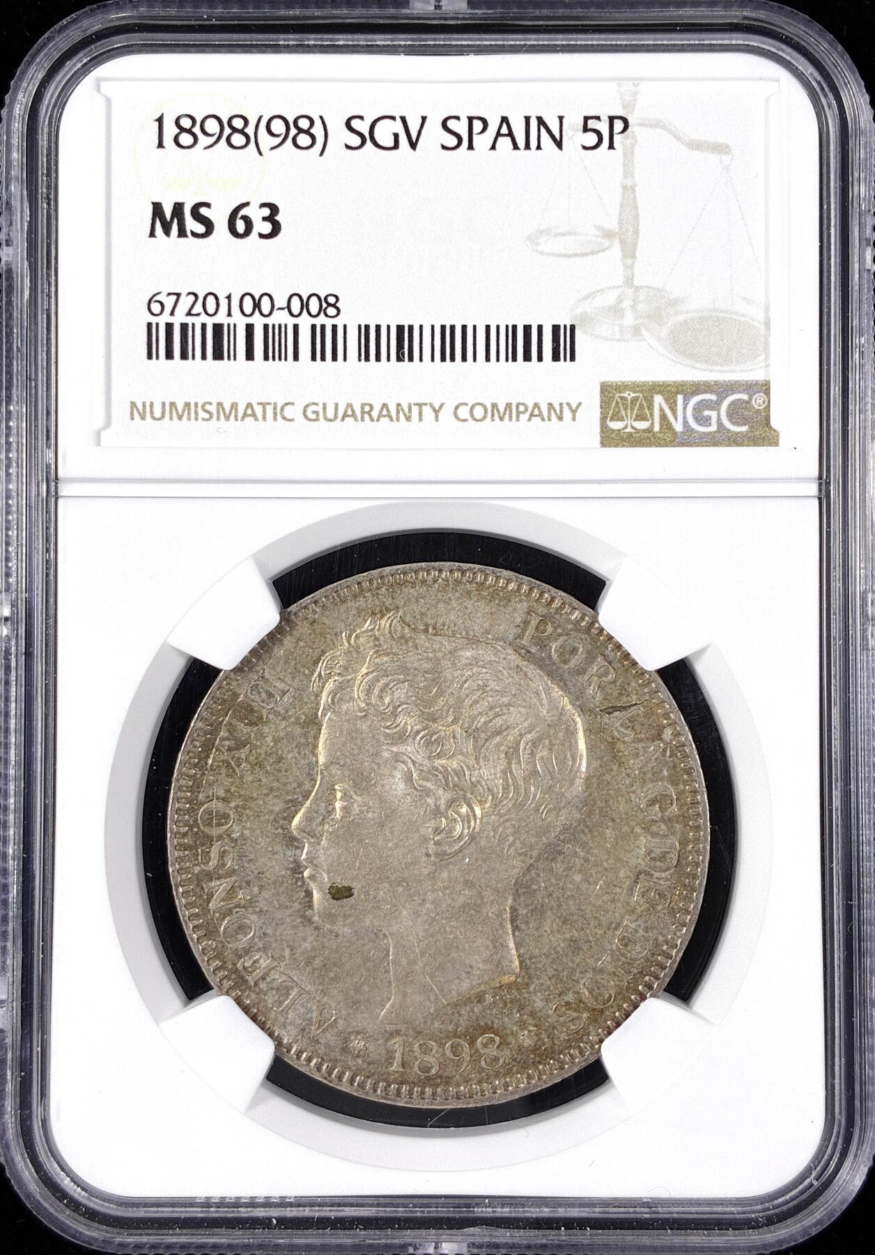 【雨安】【直播拍卖】【第0124期-评级币章】2026-01-17 周六 19:30 [评级欧洲] Spain 西班牙 5比塞塔 1898年 阿方索十三世  NGC-MS63