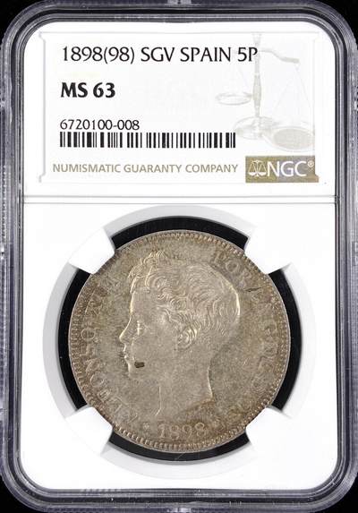 【雨安】【直播拍卖】【第0124期-评级币章】2026-01-17 周六 19:30 - [评级欧洲] Spain 西班牙 5比塞塔 1898年 阿方索十三世  NGC-MS63