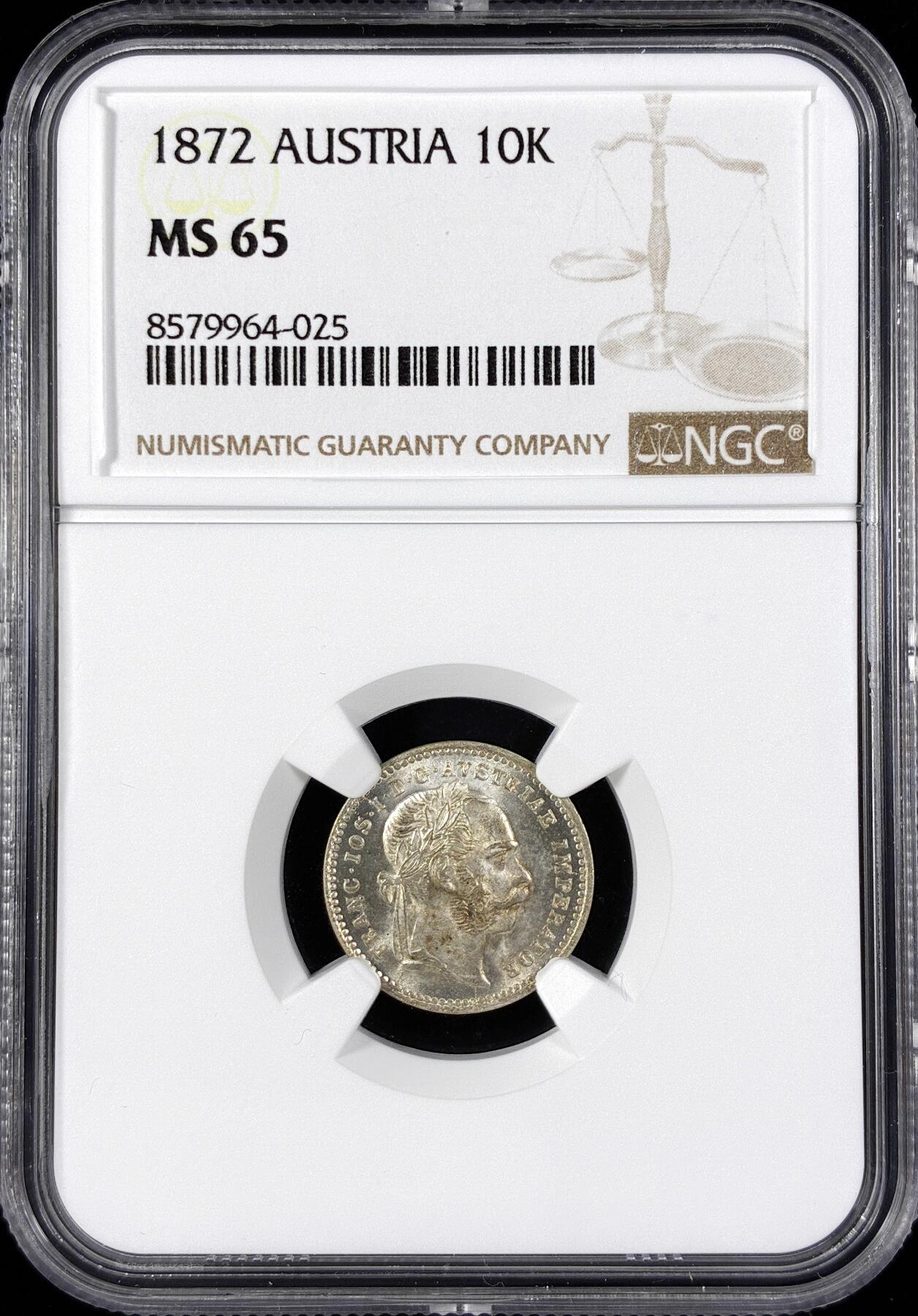 【雨安】【直播拍卖】【第0124期-评级币章】2026-01-17 周六 19:30 [评级欧洲] Austria 奥地利 10克鲁泽 1872年  NGC-MS65