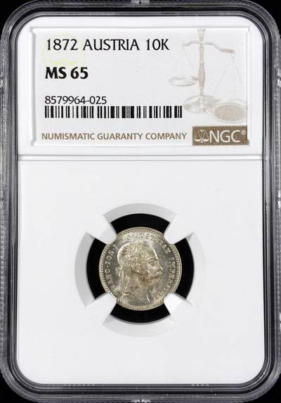 【雨安】【直播拍卖】【第0124期-评级币章】2026-01-17 周六 19:30 - [评级欧洲] Austria 奥地利 10克鲁泽 1872年  NGC-MS65