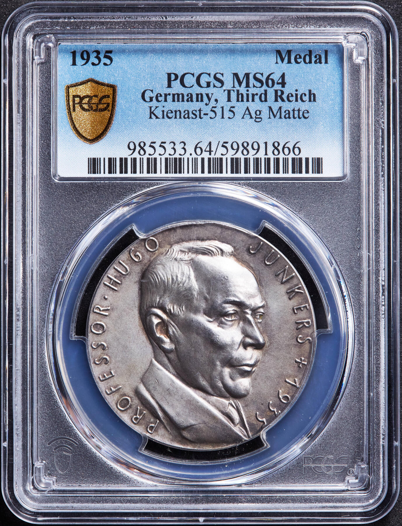 【俄甄集藏】“万象更新、马呈祥瑞”迎新春俄甄精品场-2026年(047)01-21 星期三 晚 19:30 全场包邮 德国第三帝国1935年纪念航空工程师胡戈·容克斯银章，PCGS MS64，少见品种，高浮雕，黄油彩老包浆，唯一冠军分
