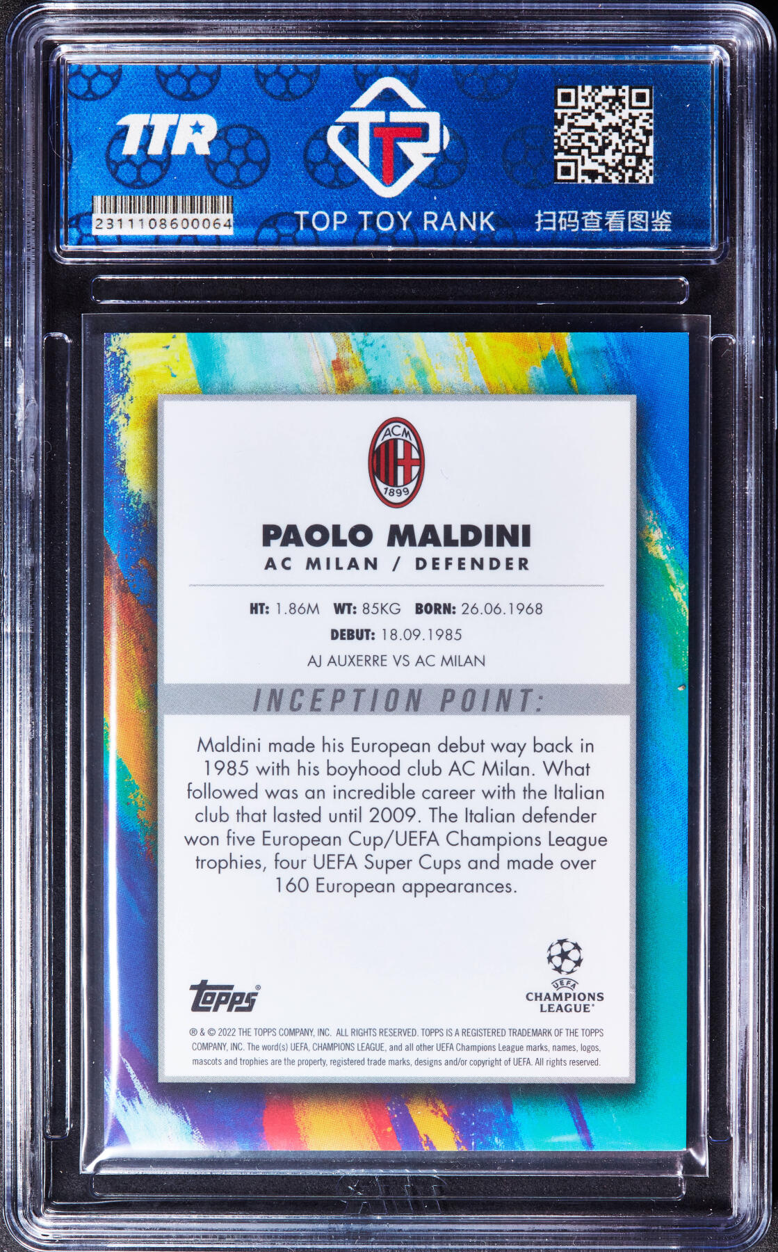 【俄甄集藏】“万象更新、马呈祥瑞”迎新春俄甄精品场-2026年(047)01-21 星期三 晚 19:30 全场包邮 卡片-Topps意大利AC米兰传奇足球明星保罗·马尔蒂尼，TTR 10.0，2021年限量版