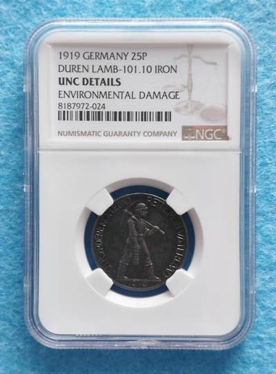 1月14日 🌏全球币章 - 稀少品：1919年/德国《杜伦矿工》50芬妮/铁质/紧急币/NGC-UNC