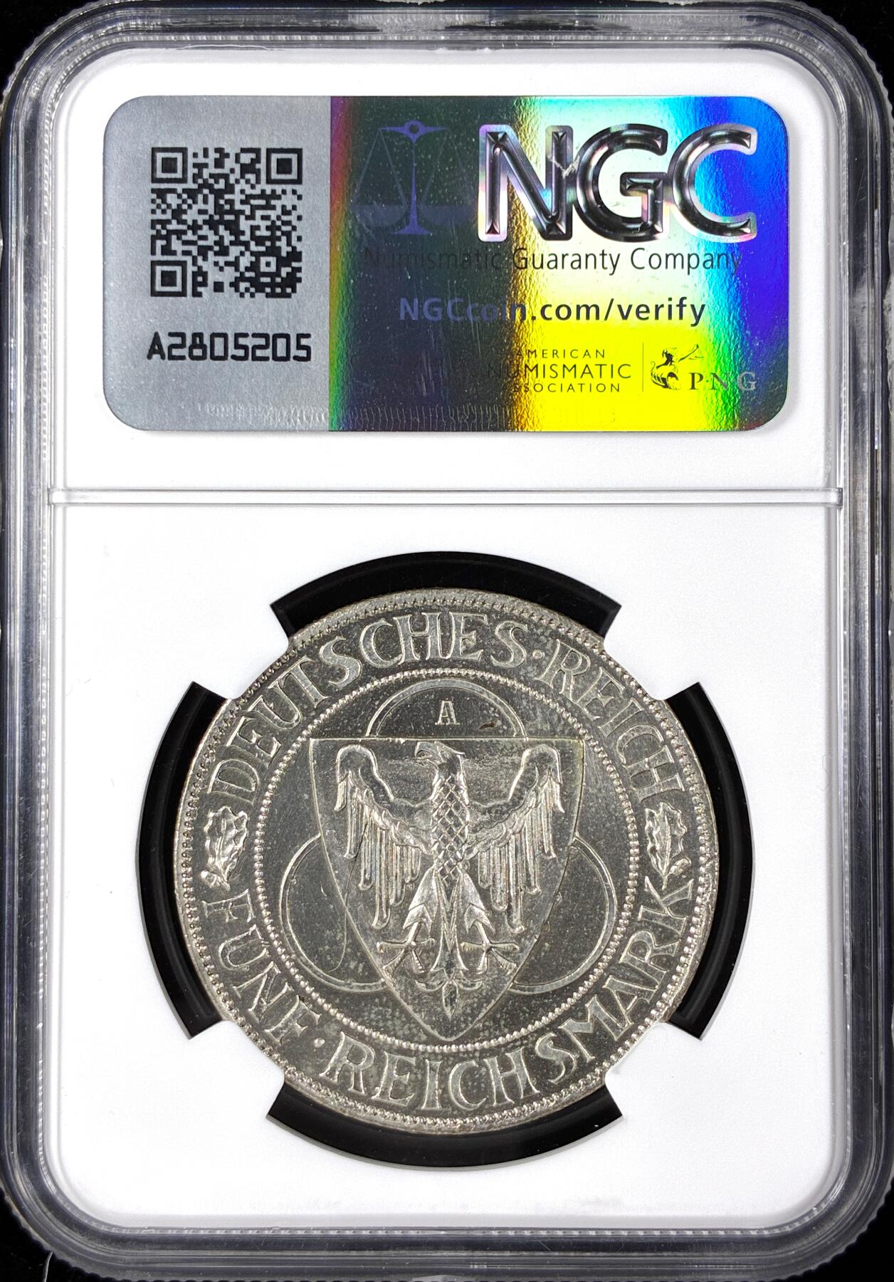 【雨安】【直播拍卖】【第0124期-评级币章】2026-01-17 周六 19:30 [评级德国] Germany 德国 魏玛 5马克 KM#71 莱茵兰鹰桥 1930年  NGC-UNC