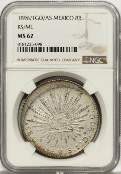 博洋堂世界钱币拍卖第157期（全场包邮） - NGC MS62 墨西哥1896/1年GO/AS RS/ML花边鹰洋，罕见年份、厂别、鉴定师三骑字版，鹰面极美梦幻五彩