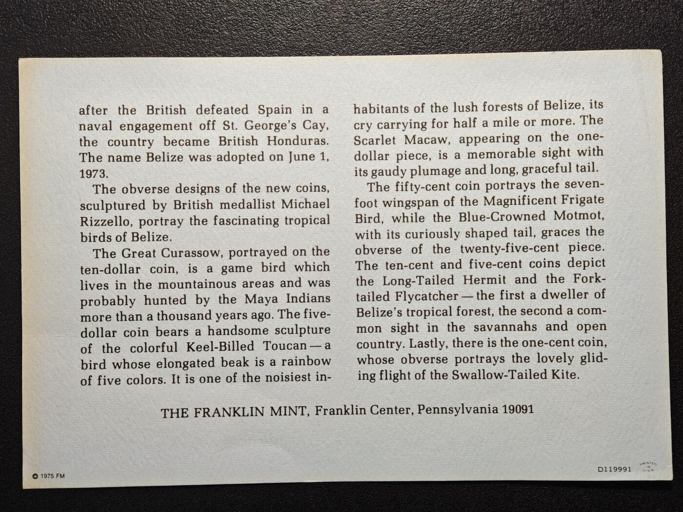 【德藏】世界币章拍卖第162期（拍品征集中~欢迎藏友联系） 1975年 伯利兹精制硬币套装 原封 带说明书 美国富兰克林造币厂代铸