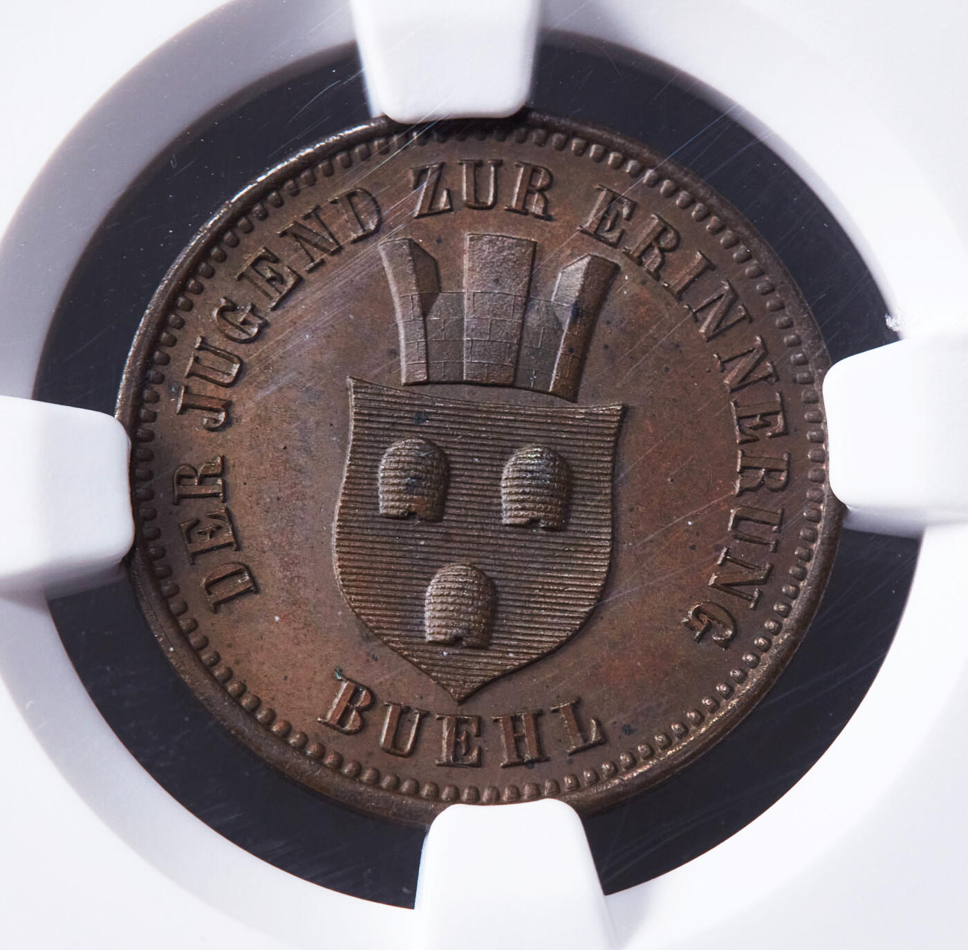 【俄甄集藏】“万象更新、马呈祥瑞”迎新春俄甄精品场-2026年(047)01-21 星期三 晚 19:30 全场包邮 德国巴登1871年纪念普法战争胜利暨德意志帝国诞生1克鲁泽纪念铜币，NGC MS63，设计精美，类精制底板，巧克力包浆，稀少品种，季军