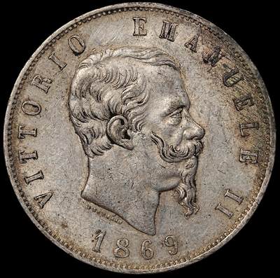 修遠堂世界钱币第101期 - 1869年意大利5里拉大银币，24.92g，含银90%，原味AU品