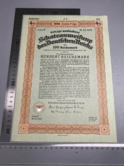 小驴勋章奖章收藏1月17日周六晚六点拍卖（珍爱和平，收藏战争，铭记历史，勿忘国耻，忠党爱国。有偿代拍，送拍规则在简介最后，参拍须阅读规则后再参拍，关系到运费包装发货时效真假辨别等关键信息，拍卖时不再发原图，看大图店主微信码在拍卖店铺介绍里） - 36年100马克债券