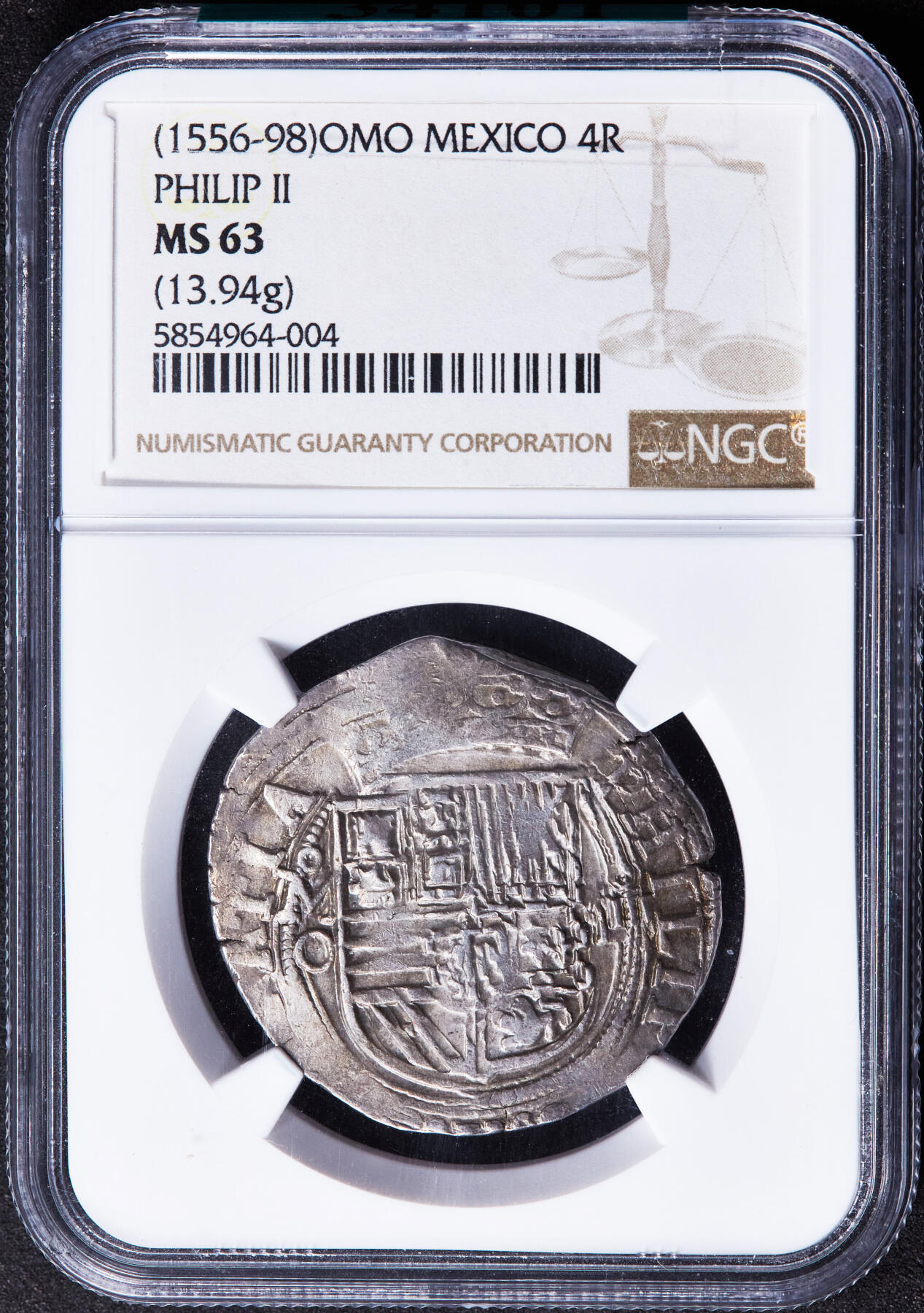 【俄甄集藏】“万象更新、马呈祥瑞”迎新春俄甄精品场-2026年(047)01-21 星期三 晚 19:30 全场包邮 西属墨西哥1556-1598年费利佩二世OMO版4里亚尔COB切割银币，NGC MS63，黄油彩原光品相，顶级状态，毫无疑问的唯一冠军分数，重13.94克