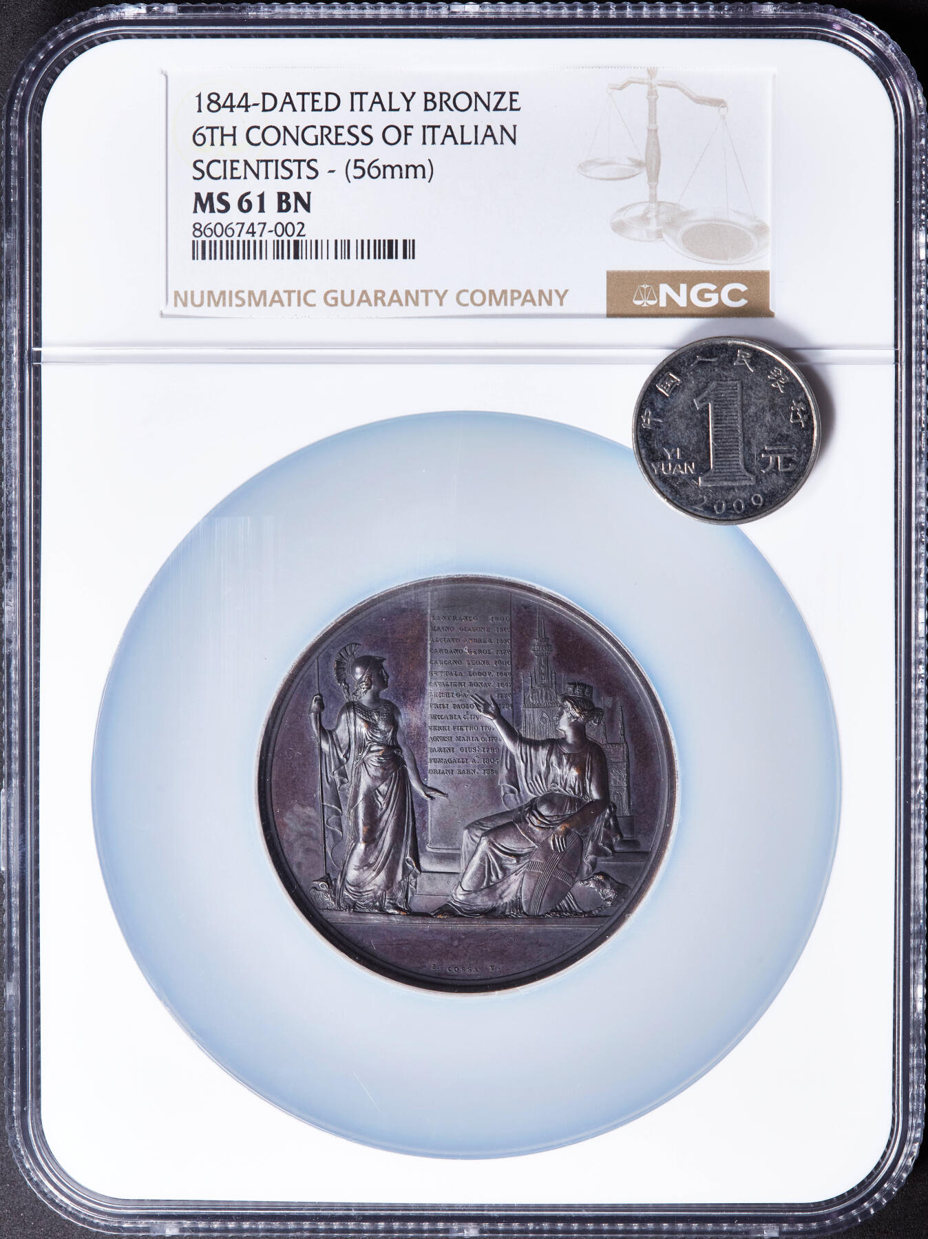 【俄甄集藏】“万象更新、马呈祥瑞”迎新春俄甄精品场-2026年(047)01-21 星期三 晚 19:30 全场包邮 意大利1844年纪念第六届国立科学家代表大会在米兰召开大铜章，NGC MS61，紫罗兰包浆，高浮雕，类精制底板，直径56mm