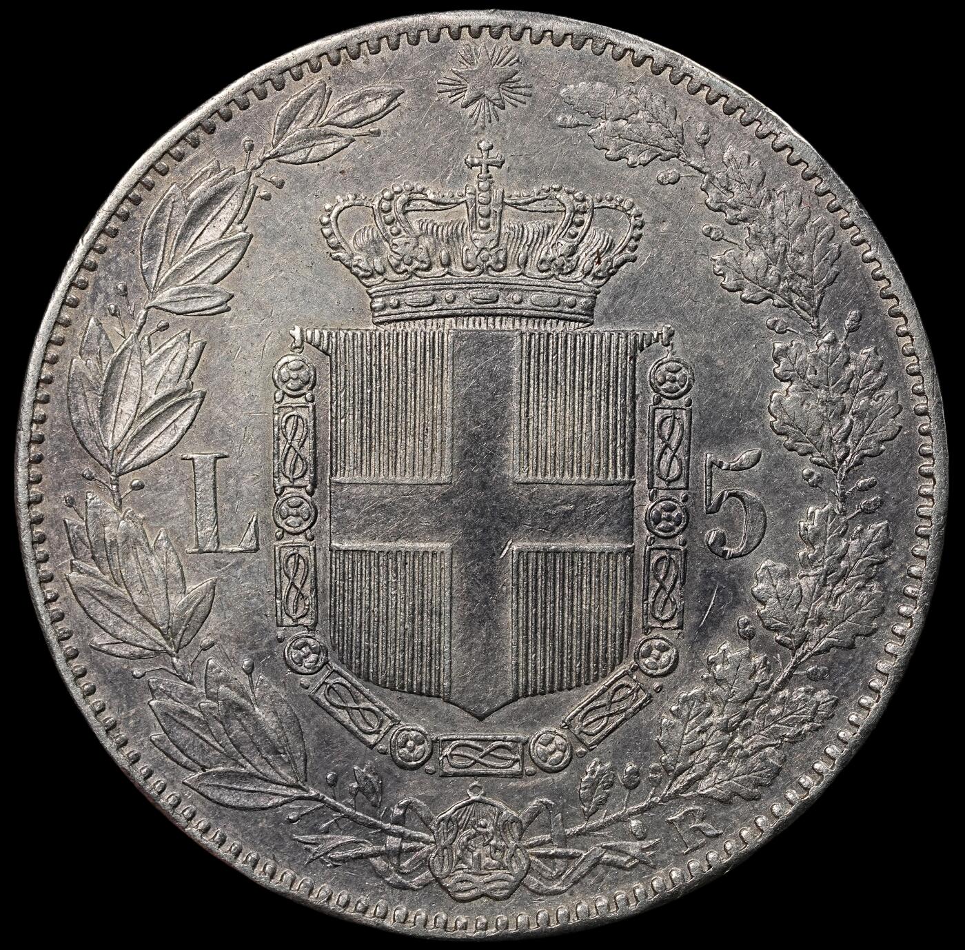 修遠堂世界钱币第101期 1879年意大利5里拉大银币，24.96g，含银90%，此版头像仅发行两年