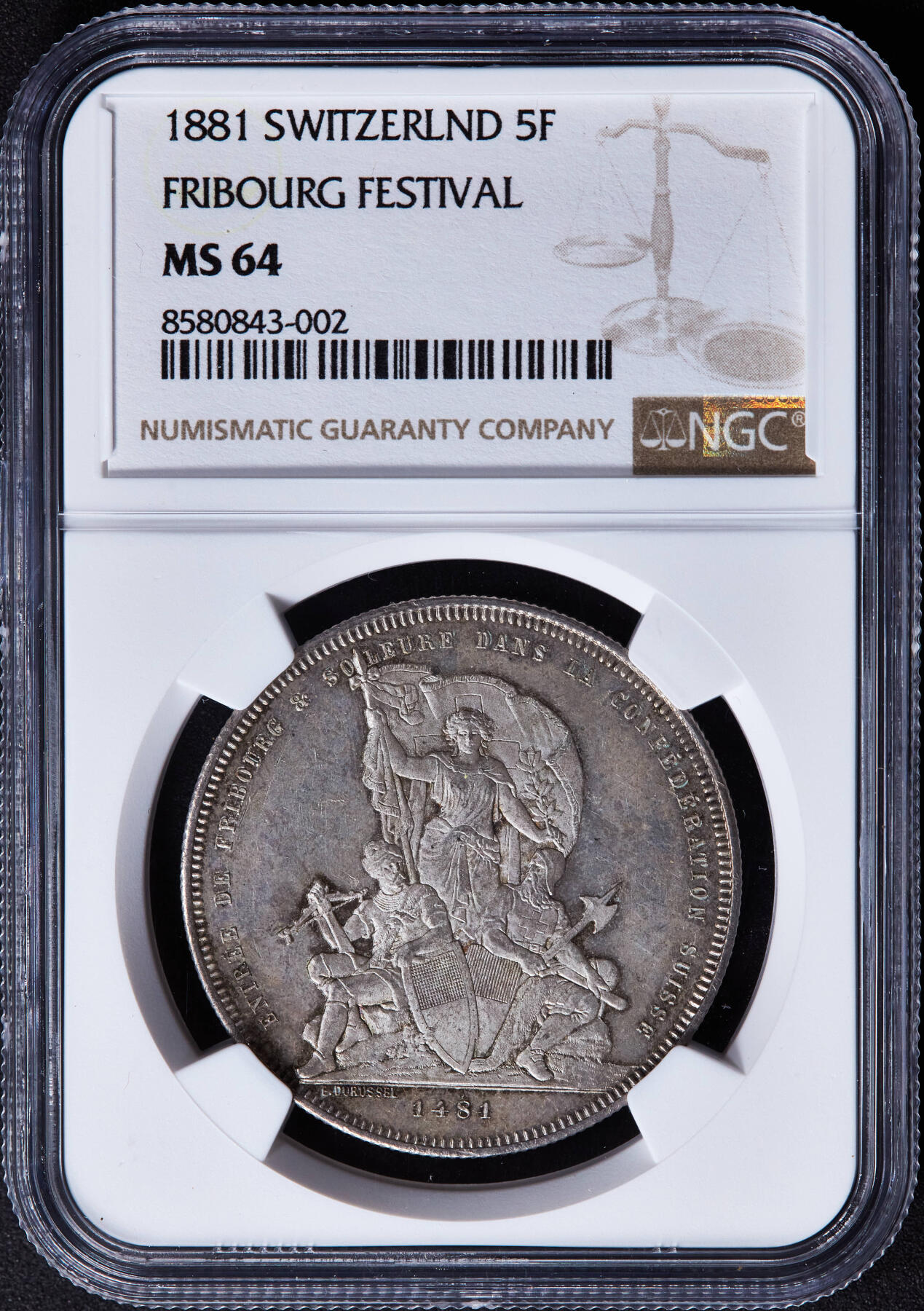 【俄甄集藏】“万象更新、马呈祥瑞”迎新春俄甄精品场-2026年(047)01-21 星期三 晚 19:30 全场包邮 瑞士1881年弗里堡射击节5法郎大银币，NGC MS64，伯尔尼造币厂，经典品种，黄油彩转光品相，底板凝霜