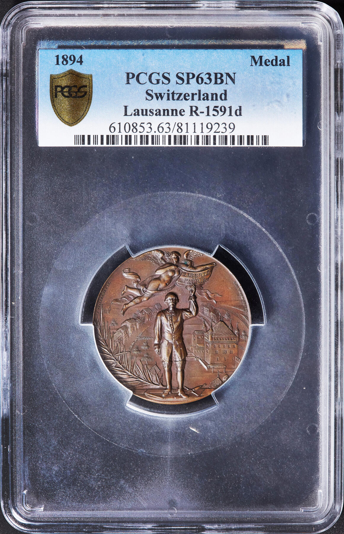 【俄甄集藏】“万象更新、马呈祥瑞”迎新春俄甄精品场-2026年(047)01-21 星期三 晚 19:30 全场包邮 瑞士1894纪念洛桑联邦射击节大铜章，PCGS SP63，巧克力包浆，高浮雕，经典品种，直径：45mm