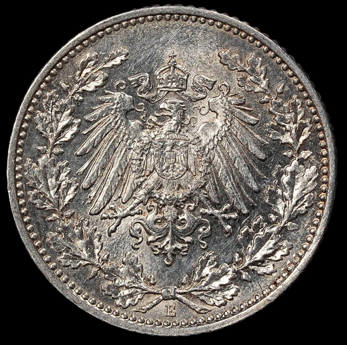 修遠堂世界钱币第101期 1915年德国1/2马克银币 E厂铭，未流通，2.77g，含银90%