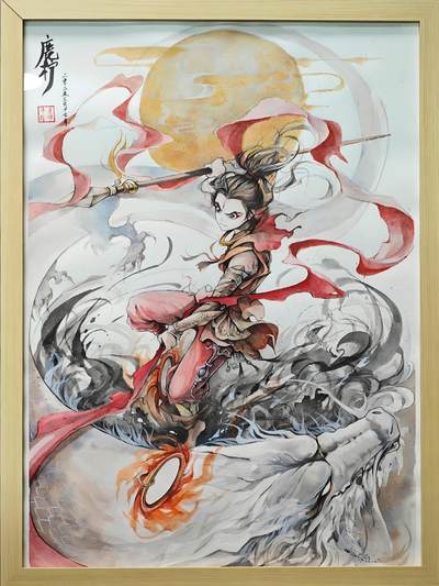 白泽拍卖卡牌手绘专场第31期（岁寒知松柏 春意已可期） - 2025 鹿凝手绘画 哪吒 已装裱 尺寸：内37*52，外41*56  鹿凝亲签