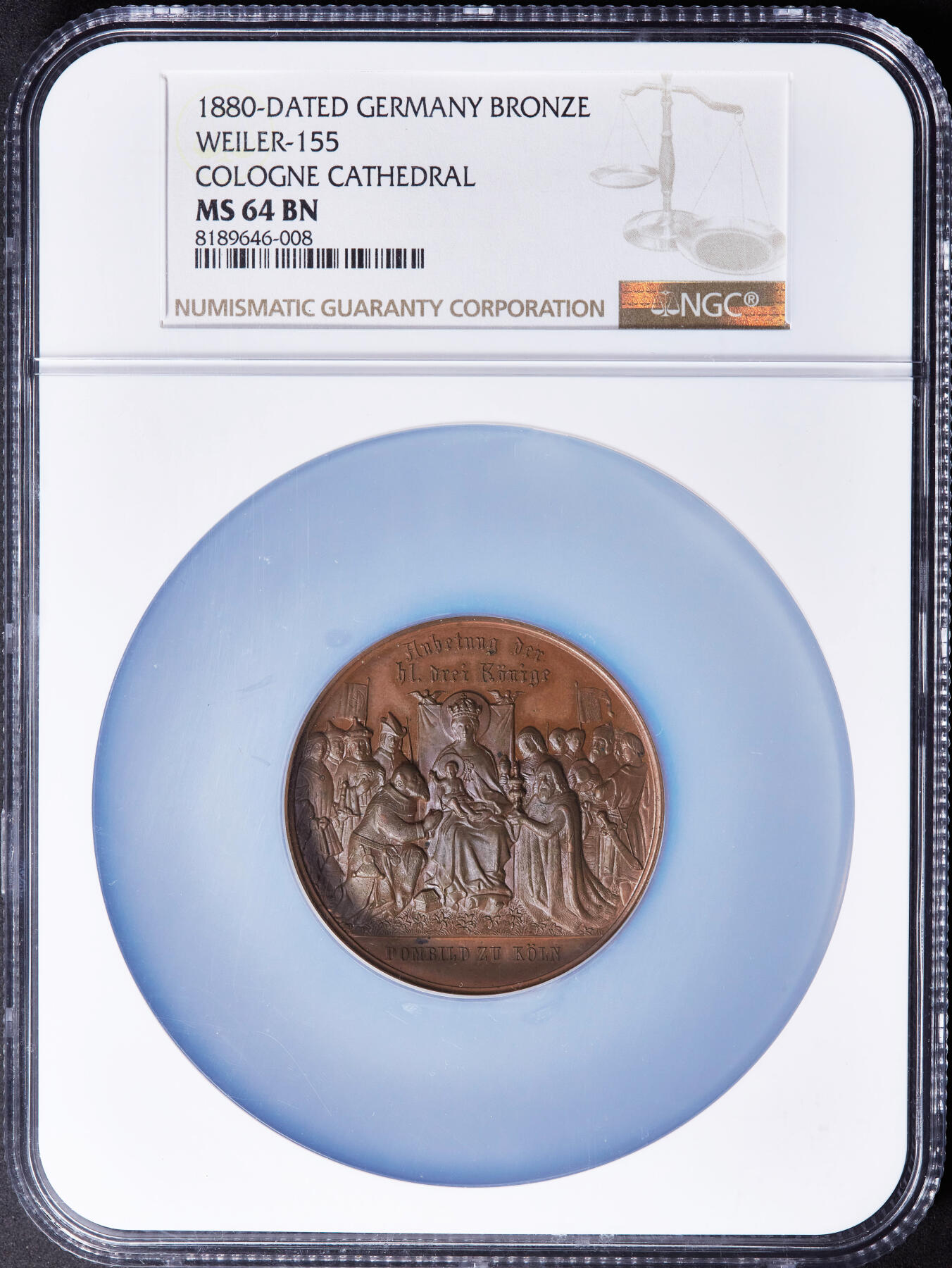 【俄甄集藏】“万象更新、马呈祥瑞”迎新春俄甄精品场-2026年(047)01-21 星期三 晚 19:30 全场包邮 德国1880年纪念科隆大教堂竣工大铜章，NGC MS64，高浮雕，设计精美，直径：48mm