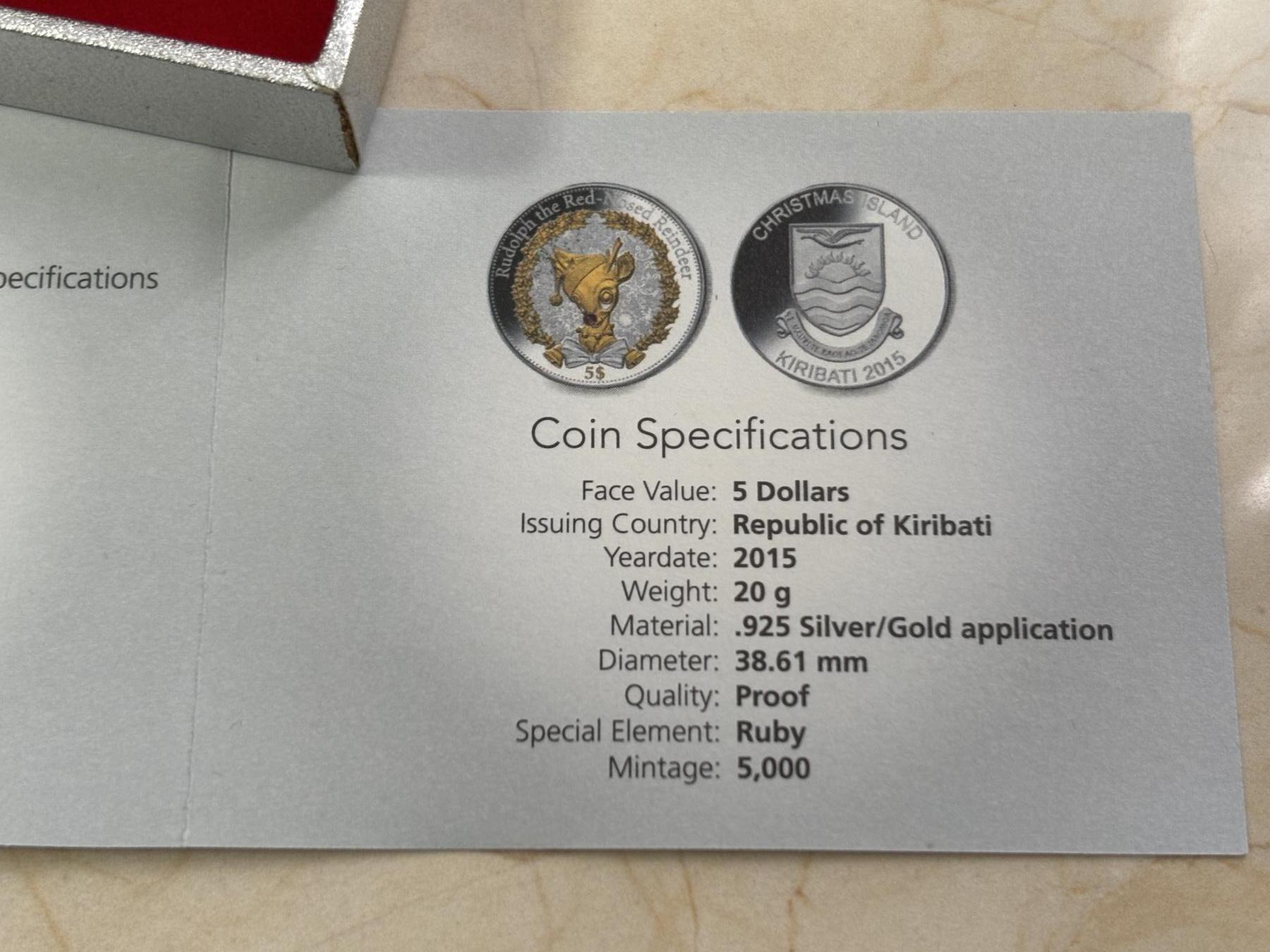 第188期拍卖 基里巴斯2015年圣诞红鼻子驯鹿鲁道夫镶水晶银币，，925银，20克，发行5000枚